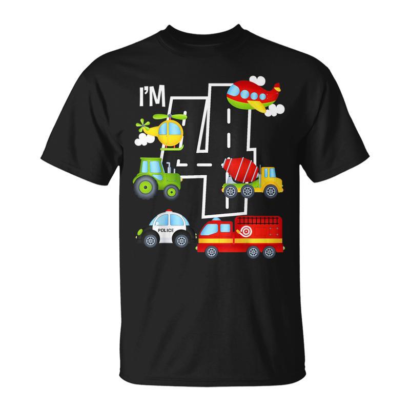 4th Birthday Boy 4 Year Old Fire Truck Airplane Tractor Unisex T-Shirt