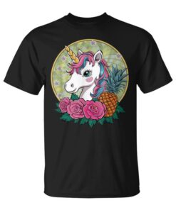 Cute Cartoon Kawaii Unicorn With Roses And Pineapple Unisex T-Shirt