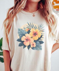 Retro T-Shirt With Tropical Floral Sunset