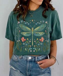 T-Shirt With Watercolor Dragonfly Floral Print