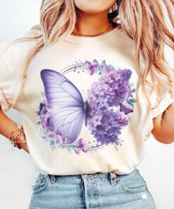 T-Shirt With Purple Flowers And Butterflies