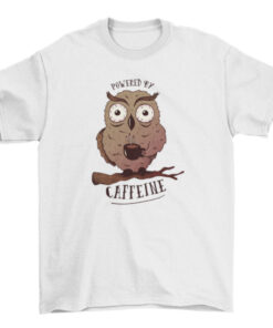 Funny Coffee Owl T-Shirt - Cartoon Bird with Wide Open Eyes and Tree Branch T-Shirt
