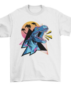 Colorful Neon Tyrannosaurus Dinosaur Roar on Sun T-Shirt
