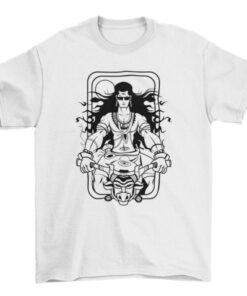 Men's Long Haired Bike Rider T-Shirt with Wild Bull Motorcycle Cartoon Print T-Shirt