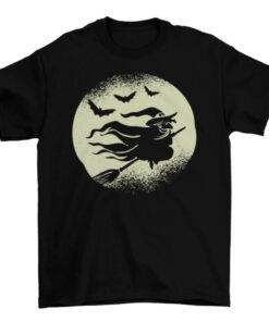 Halloween Witch Flying Broom with Bats Silhouette and Full Moon Backdrop T-Shirt