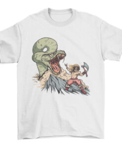 Cool Viking Warrior Fighting Giant Snake Monster Fashion Weapon T-Shirt