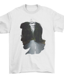 Cool Man Profile T-Shirt with Double Exposure Nature Landscape T-Shirt