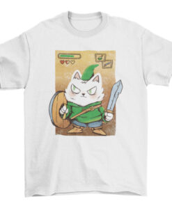 Medieval Knight Sword Shield and Pet Cat Cartoon Tee T-Shirt