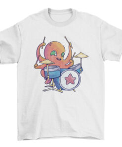 Watercolor Ocean Sea Animal Octopus Playing Drums T-Shirt