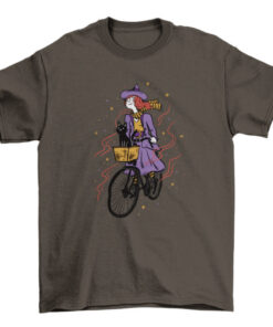 Fashionable Bike Witch Costume for Girls and Pet Cat Riding with Basket T-Shirt