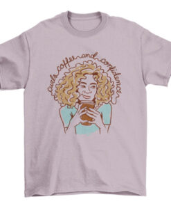 Curly Hair Girl and Coffee Drink T-Shirt Design T-Shirt