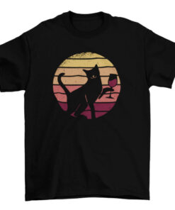Cool Cat Drinking Wine Retro Sunset Animal T-Shirt