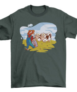 Cartoon Farmer and Cows Graphic Tee Shirt T-Shirt