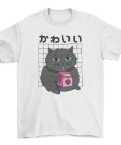 Black Cat Drinking Strawberry Milk Tee Shirt T-Shirt